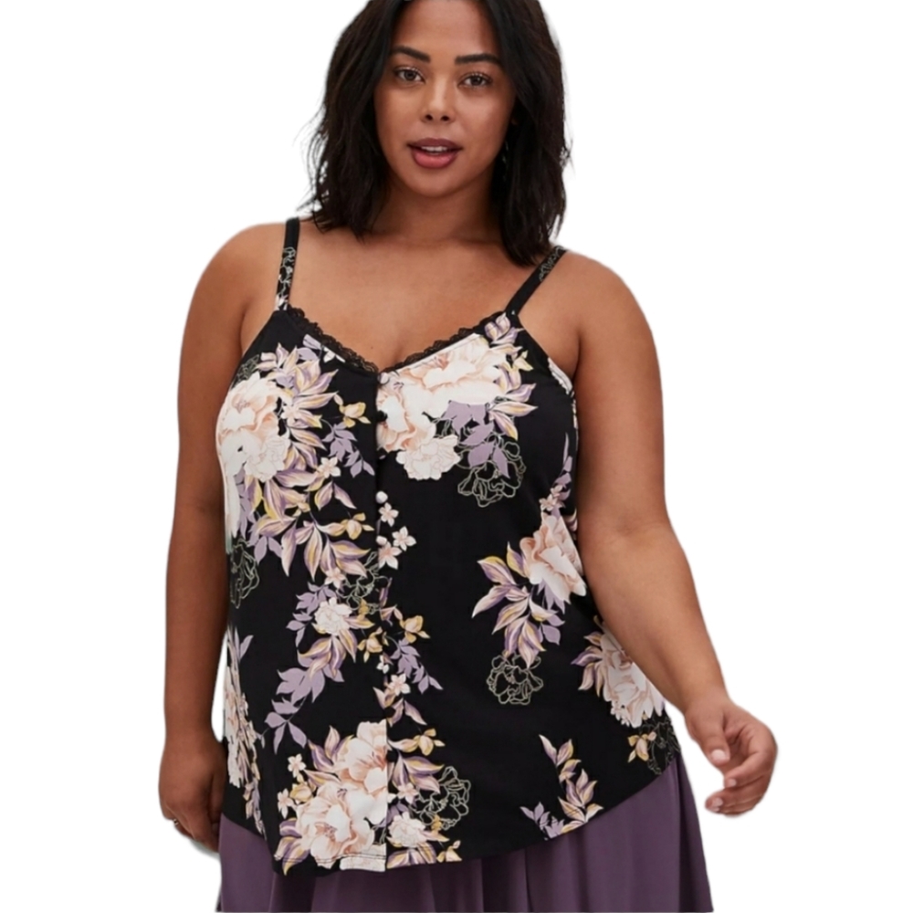 Torrid Floral Button Front Camisole Tank Top Lace Trim